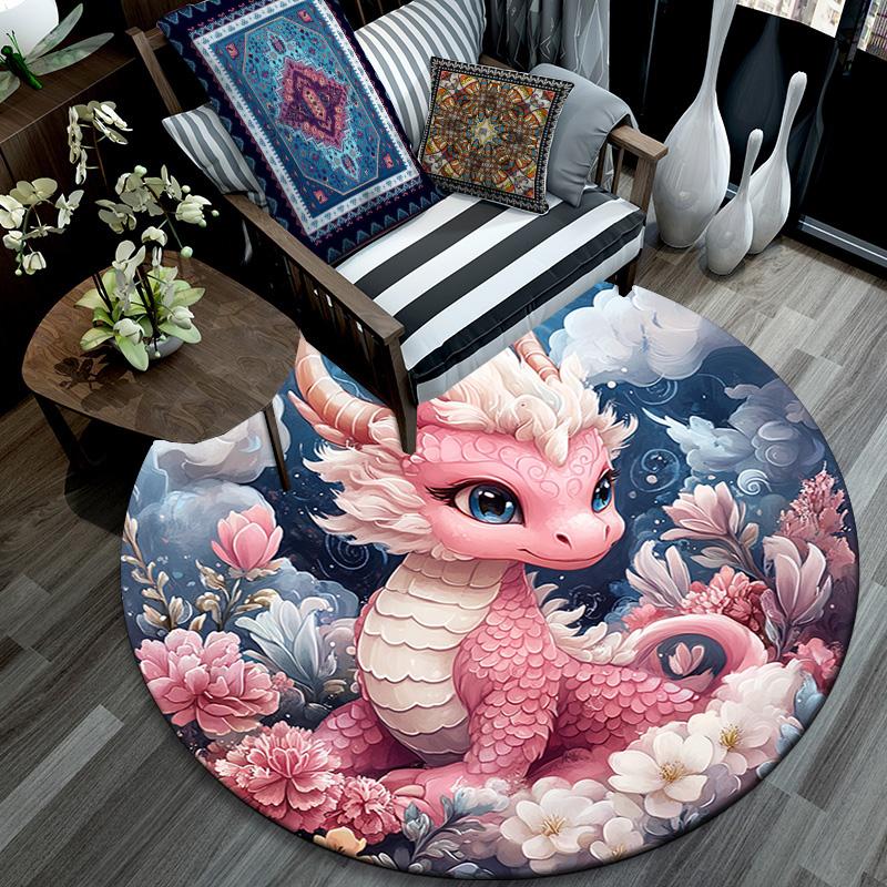 Pink Dragon Round Area Rug,Carpet Rug for Living Room Bedroom Sofa Playroom Decor,Non-slip Floor Mat