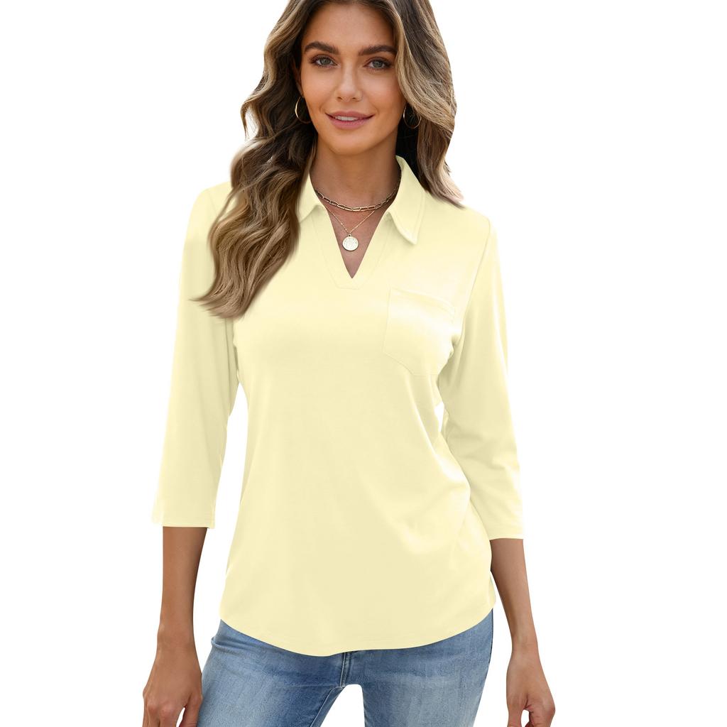 Damen Mode Lässig Revers Kurz 3/4 Ärmel Farbe Hemd Damen Oberteile