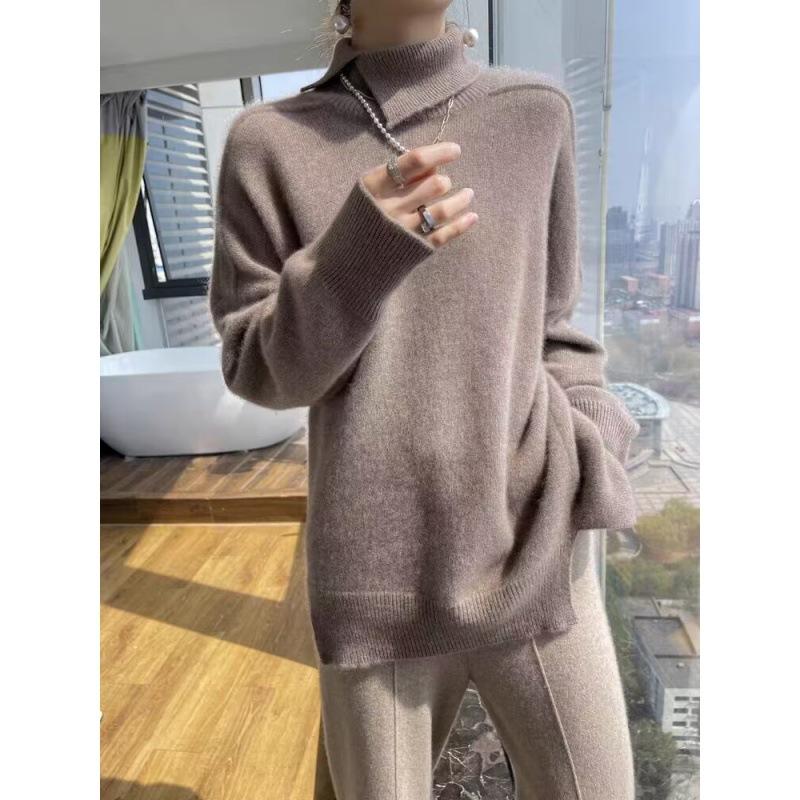 Autumn and Winter New High Lapel Collar Diagonal Split Fork Women's Versatile Loose Pullover Shoulder Sleeve Bottoming Knitted Sweater