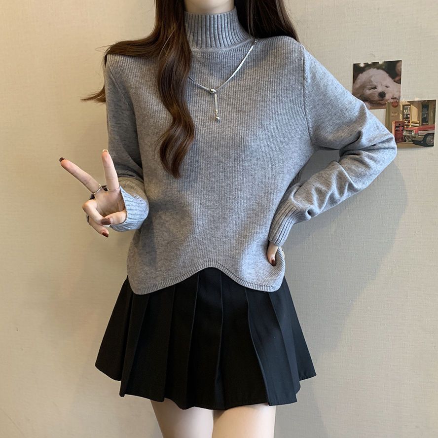 

Осень и зима, новый утолщенный трикотаж с ленивым ветром и краем листа лотоса, топ, женский универсальный свитер с высоким воротником и низом One Size серый