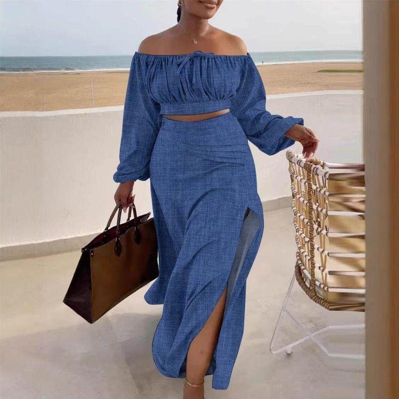 

Explosive One-Shoulder Top Split Dress Two-Piece Set Blue M
