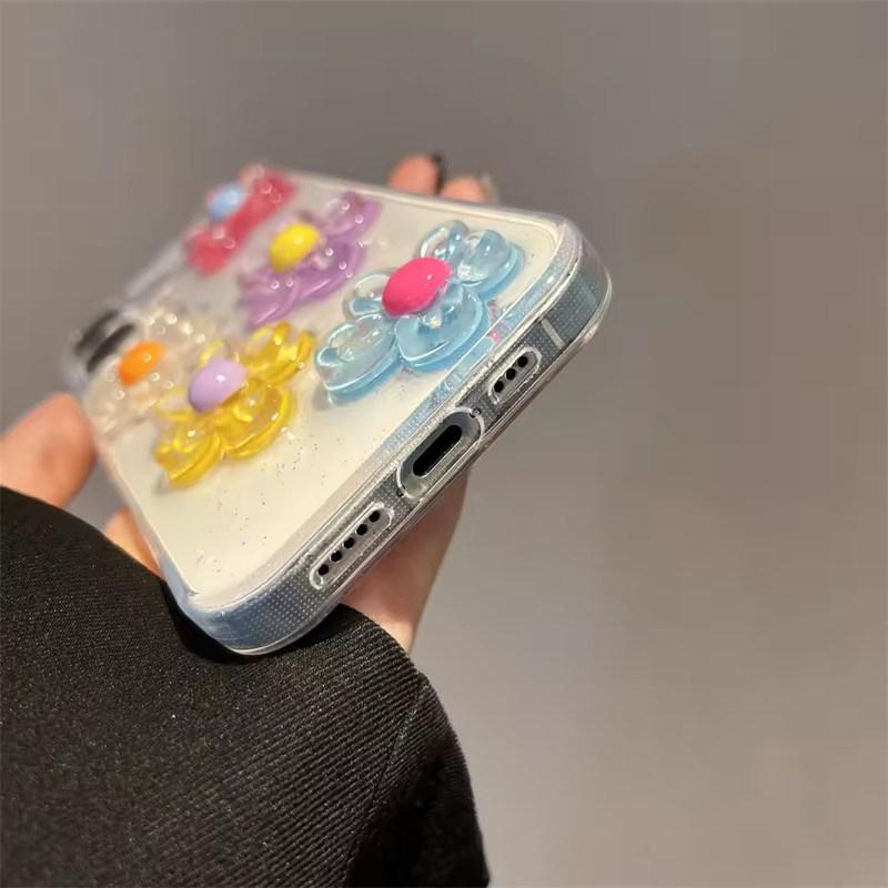 Cute Transparent 3D Colorful Flower Glitter Sparkle Effect Girly Phone Case for iPhone17 Air 16 15 14 Plus 13 12 11 Pro Max Back Cover