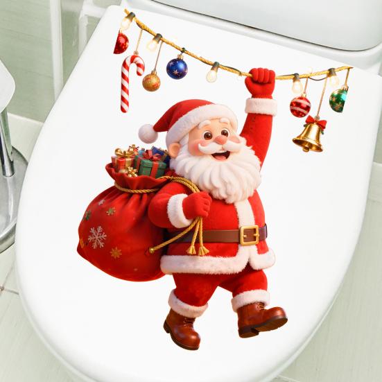 Holiday Bathroom Decoration Cartoon Santa Claus Toilet Seat Sticker, Waterproof PVC Christmas & Colorful Removable Window Decals Lights Decal,