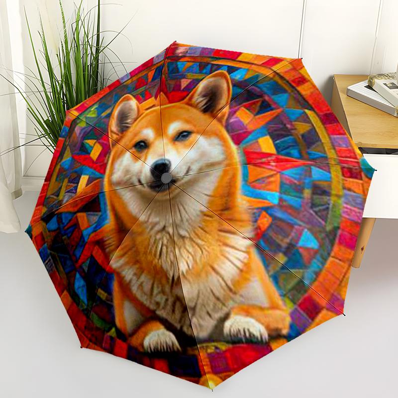 1pc Cute dog pattern Umbrella Portable Folding Umbrella Iron Frame Hole Bone Structure Outdoor Home Umbrella