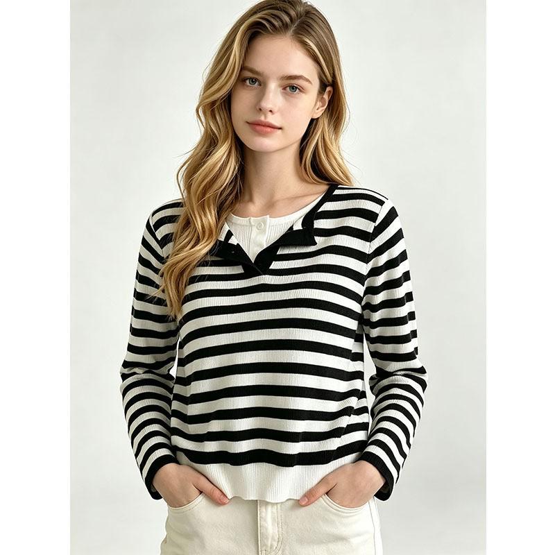 Womens Striped Knit Top Long Sleeve Slim Fit Pullover Tee With Mock Layer Design