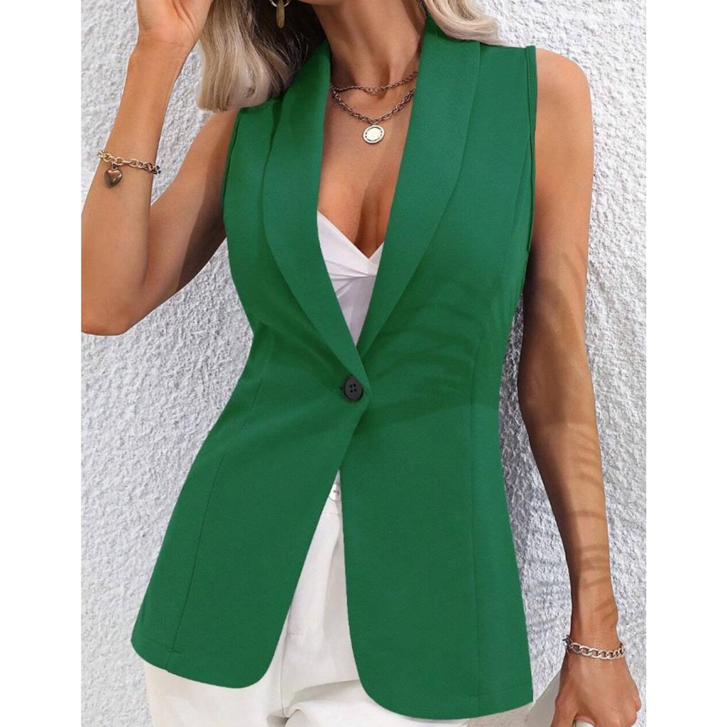 Women's V Neck Sleeveless A-Line Loose Fit Solid Color Single Button Vest Jacket