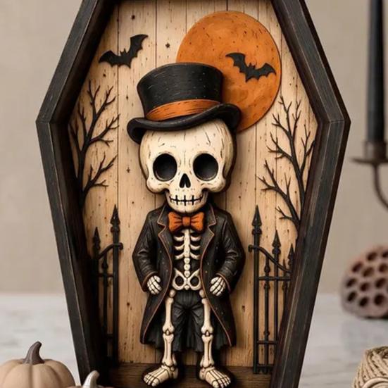 Unique Halloween Gifts for Friends Coffin-Shape Wooden Sign Decor, Pumpkin Skeleton Ghost Owl Desktop Statue Decor Patterns, Spooky Tabletop Ornament