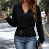 Maglione da donna a wrap con scollo a V in maglia Blu Navy Manica Lunga Vita Cinghiata Elegante Pullover da Ufficio Autunno Inverno Caldo Top in Maglia
