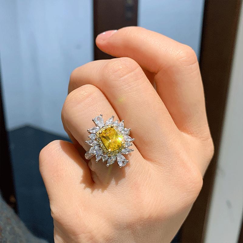 

Fashion color treasure retro simulation pink diamond yellow diamond ring live main stone 6 * 8 zircon ring women