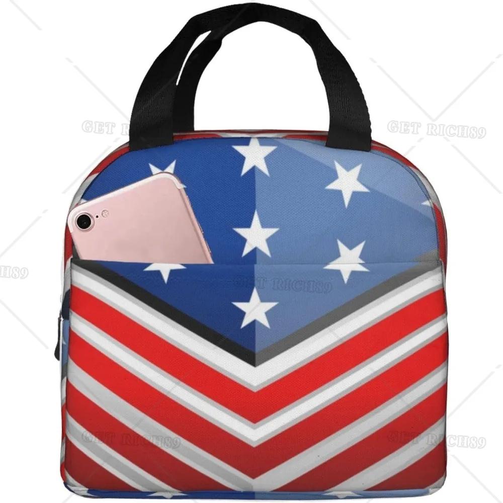 American Usa Flag Lunch Tote Bag for Women Men Reusable Insulated Cooler Lunch Box Container with Pocket for Work Office Trip