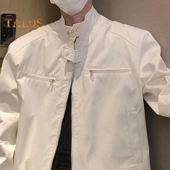 Men Jacket Coat Full Zipper Closure Solid Color Two Side Pockets Short Jacket Stand Collar Long Sleeve Jacket Streetwear