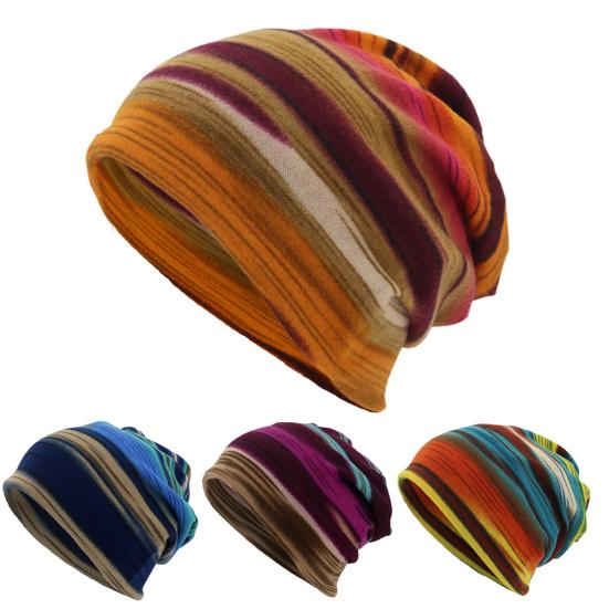 Unisex Winter 2 in 1 Striped Print Double Layer Neck Scarf Beanie Cap Turban Hat