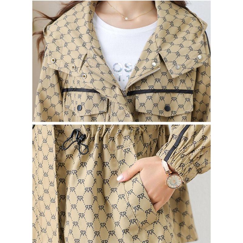 Women Loose Temperament Fashion Print Trench Coat Spring Autumn Korean Casual Hooded Windbreaker Female Outcoat