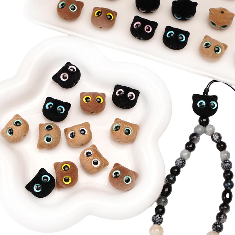 Resin Flocking Beads Cute Cat Head Beads for DIY Bracelet Earring Jewelry Making Accessories