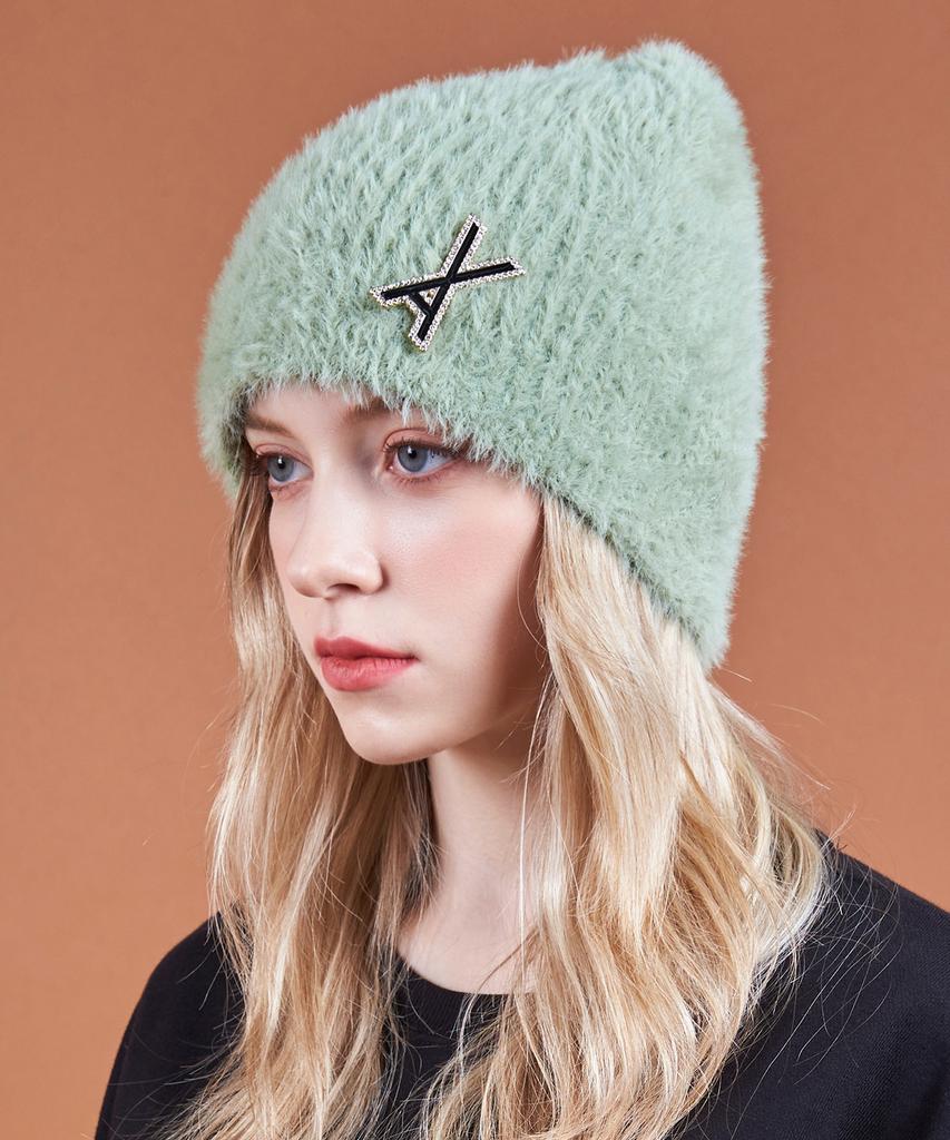 Bajal Va Brooch Soft Angora Beanie Light Khaki