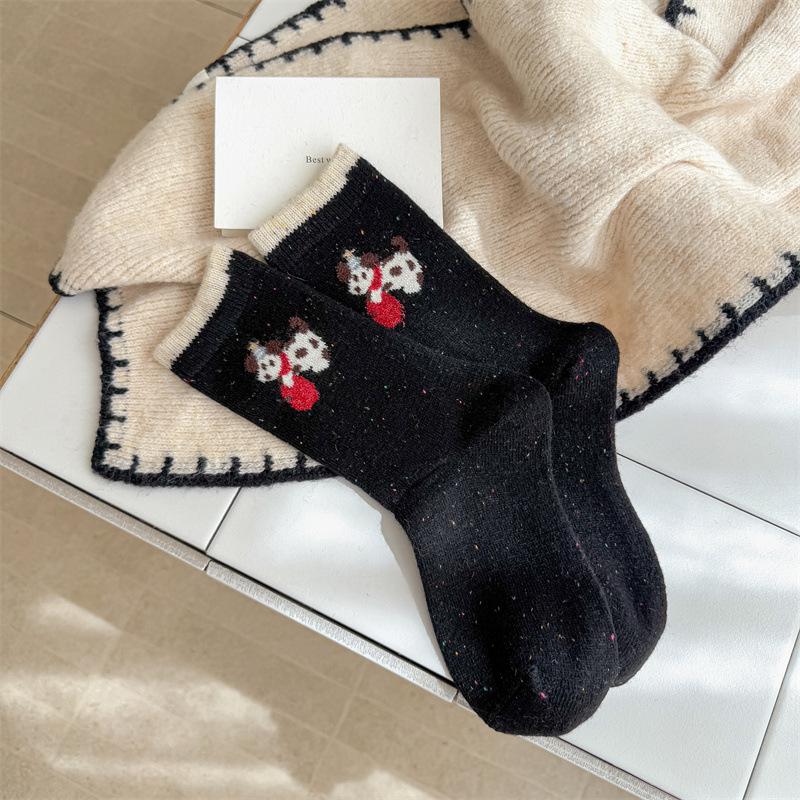 Grey Cute Christmas Dog Socks for Women, Thick and Warm Wool Mid-calf Socks for Autumn and Winter, Pile Socks with Burken Shoes