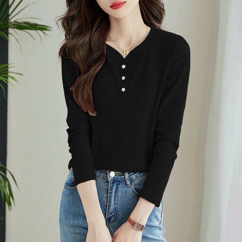 Spring and Autumn Solid Color T-shirt for Women's Autumn Style Long Sleeve Base Thin Velvet Slim Fit V-neck Top
