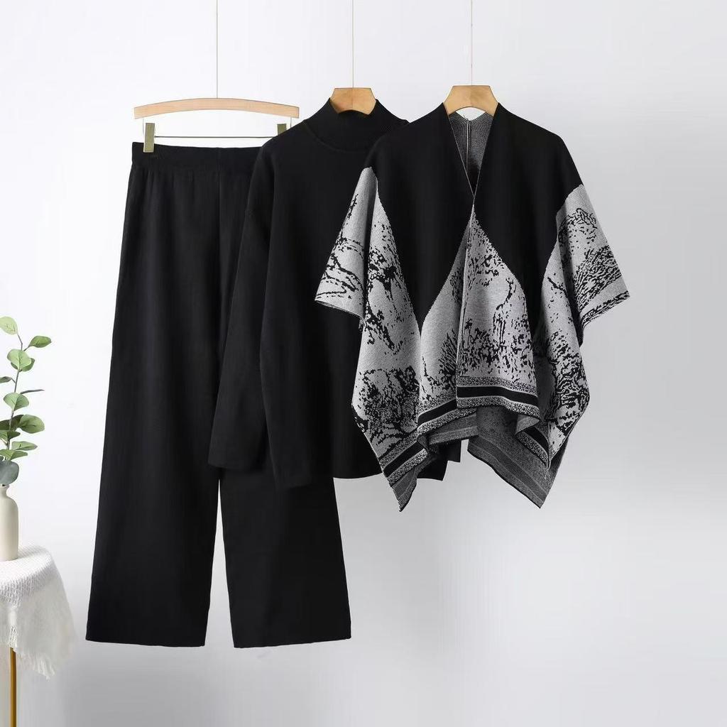 Damen Strick Casual Mode Set: Herbst/Winter Lockeres Pullover-, Hosen- und Schal-Dreiteiler-Set