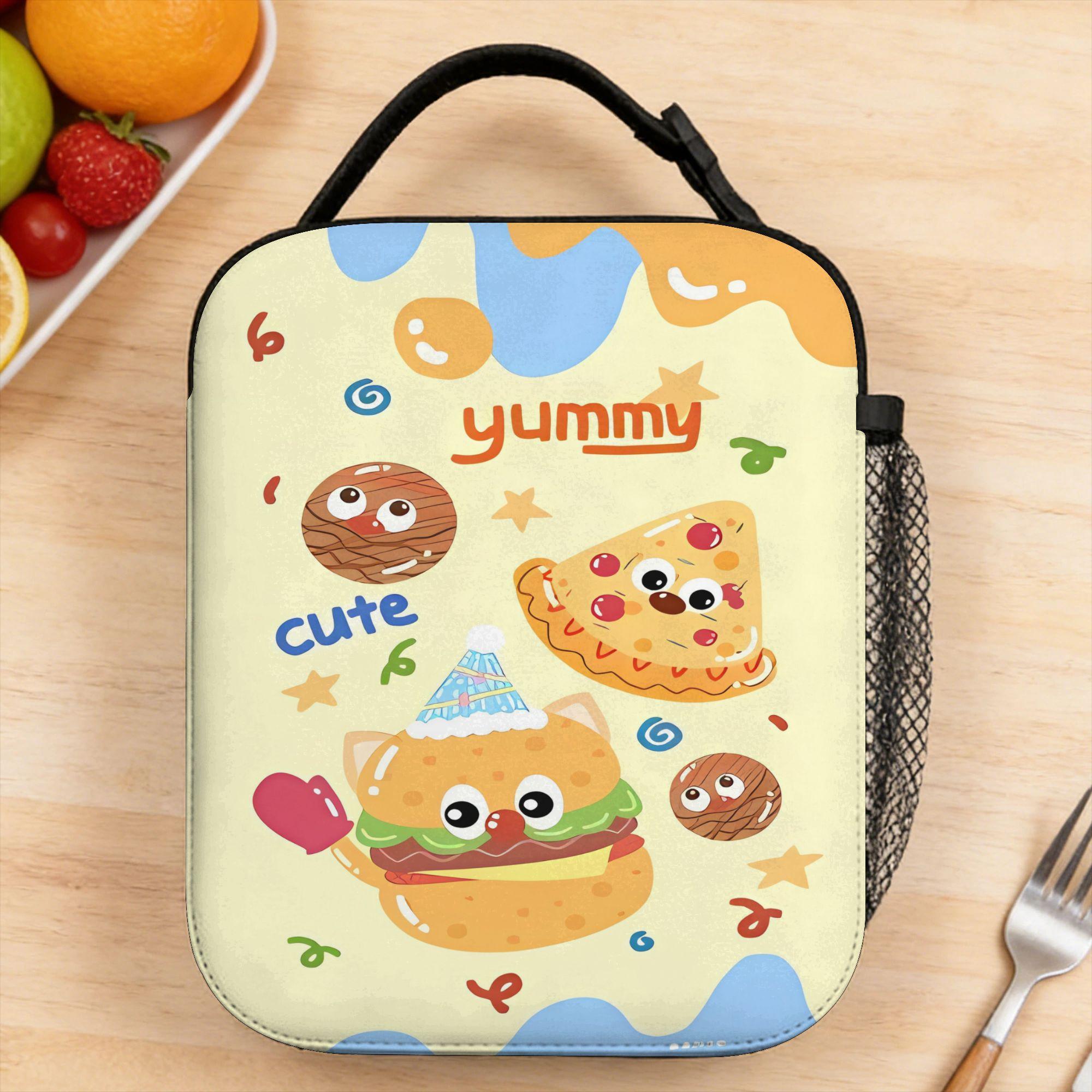 Yummy Burger And Pizza Party Pattern Lunch Bag Fun Picnic Lunch Box Custom Portable Cooler Bag One Size
