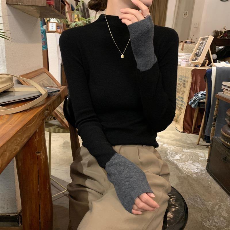 Contrasting Color Semi-turtleneck Knitted Sweater Women's Clothing Spring Autumn and Winter Slim-fit Inner Top Black Bottoming Shirt
