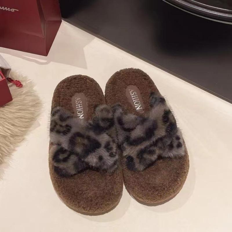 Thick Bottom Heightened Leopard Print Fluffy Slippers Women's Autumn and Winter New Design Sense Niche Cross Casual Cotton Slippers Tide
