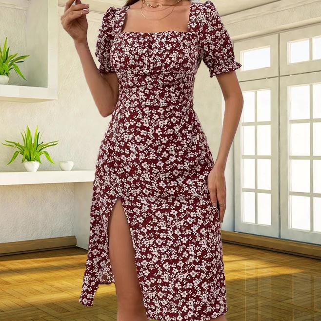 Spring Collection Women s Summer Dress with Slits, Square Neckline, Petal Sleeves, Floral Pattern S бордовый