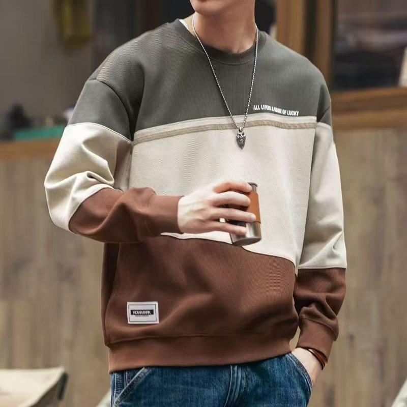 

Autumn Mens Color Block Crew Neck Long Sleeve Sweatshirt Soft Daily Wear M зелёный