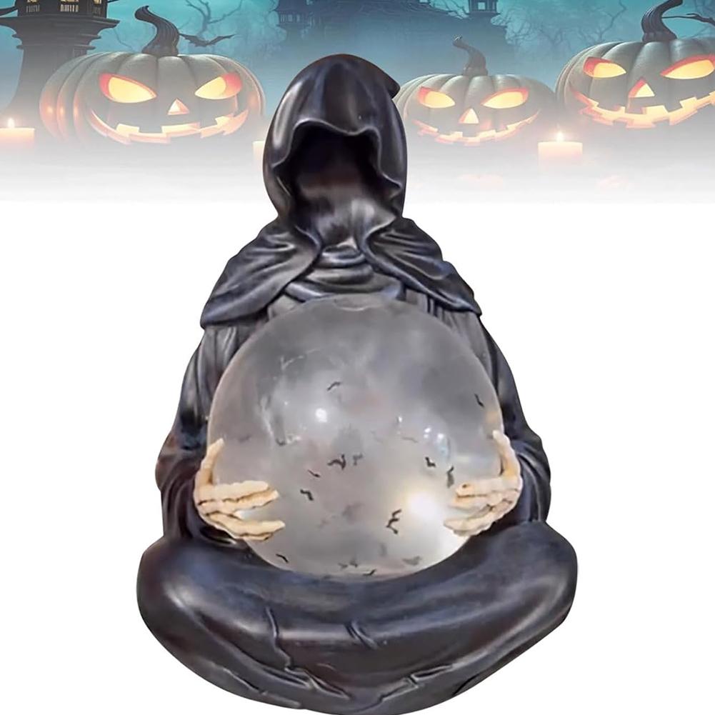 Grim Reaper Figurine with Light Up Ball Gothic Grim Reaper Crystal Ball Statue Grim Reaper Statue with Flying Bats Crystal Ball