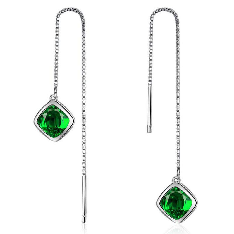

925 Sterling Silver Korean Simple Crystal Long Vintage Dangle Earrings for Women Elegant Geometry Emerald Ear Drops Ruby Jewelry зелёный
