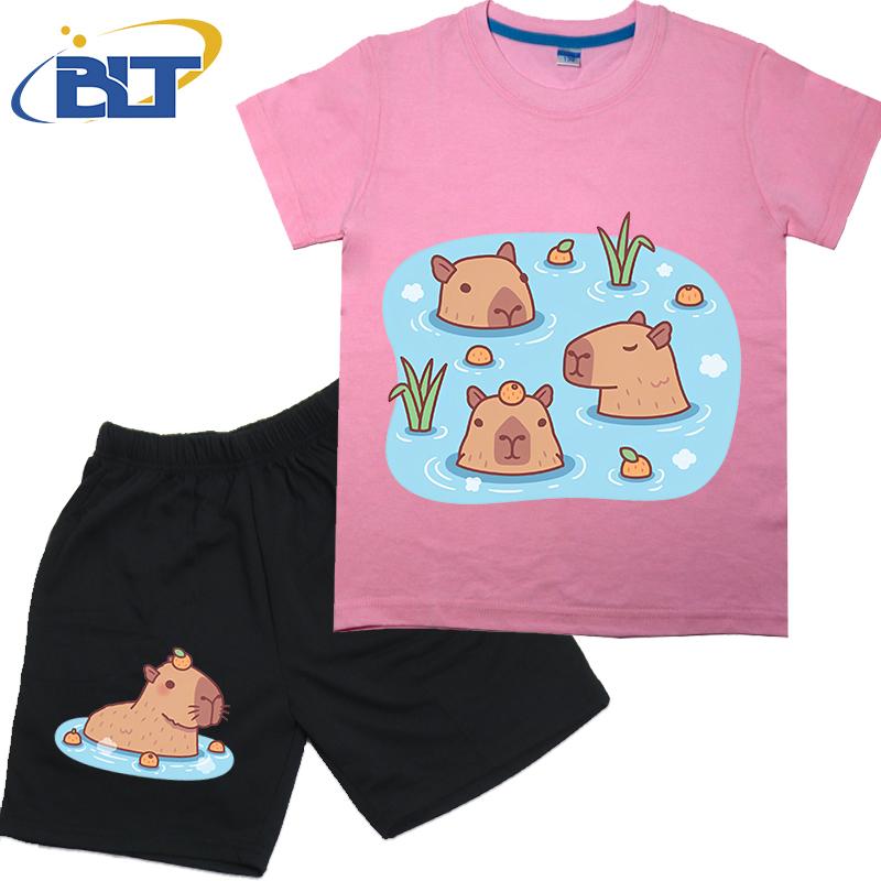 Cute Capybaras Chilling In Hot Spring With Oranges Print Kids T-shirt Set Summer Cotton Short-sleeved Shorts 2-piece Set