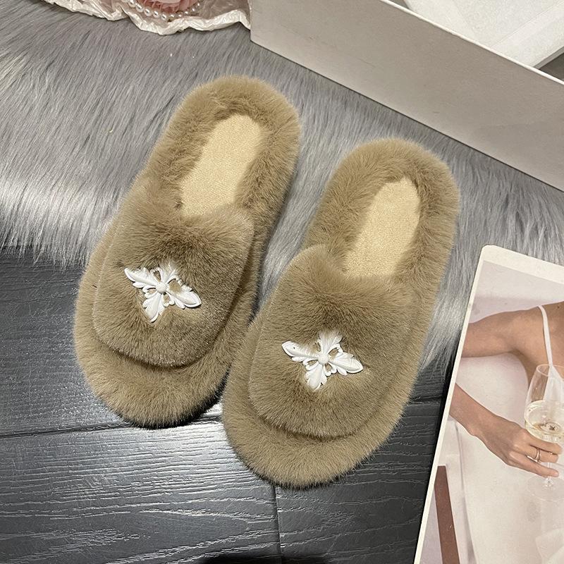 2025 Mao Mao Slippers Women's New Autumn and Winter Outer Wear One-word Flat-bottomed Warm Thick-bottomed Open-toed Slippers