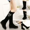 Autumn and Winter Velvet Medium and Long Boots High Heel Women's Suede Medium Boots Rhinestone Slope Heel Long Inner Height Increasing Women's Knig