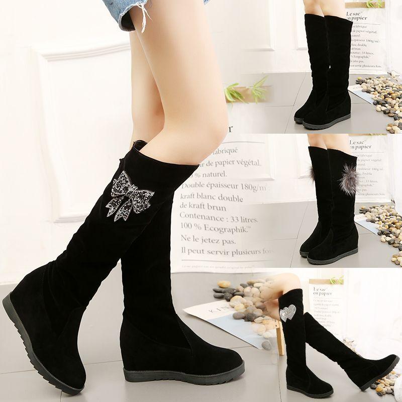 Autumn and Winter Velvet Medium and Long Boots High Heel Women's Suede Medium Boots Rhinestone Slope Heel Long Inner Height Increasing Women's Knig