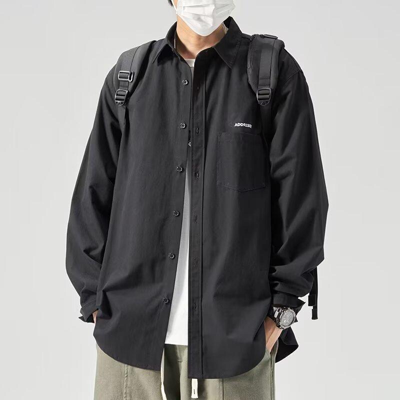 

Модная мужская рубашка с длинными рукавами на весну и осень с простыми буквами для пожилых людей, однотонная рубашка с вышивкой, универсальная свободная рабочая хлопковая куртка 5XL чёрный