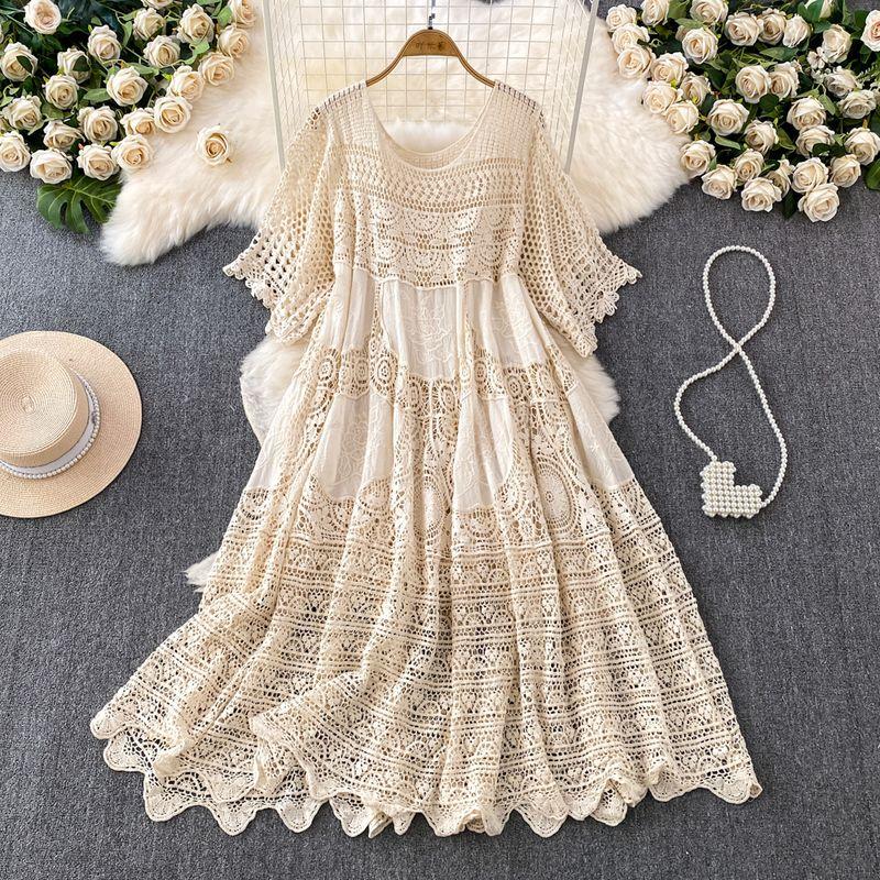 Hollow-out Hook Flower Half Sleeve Elegance Lady Knitting Dress