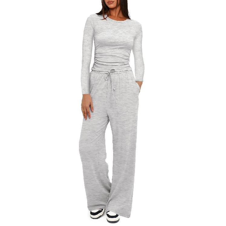 2026Solid Color Casual Long Sleeve Suit for Women, Top and High-Waisted Wide-Leg Pants Sportswear S светло-серый