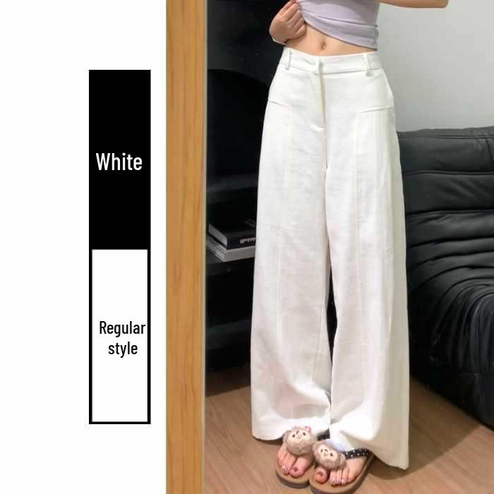 Navy Blue High Waist Wide Leg Linen Trousers for Women - Old Money Style Medium
