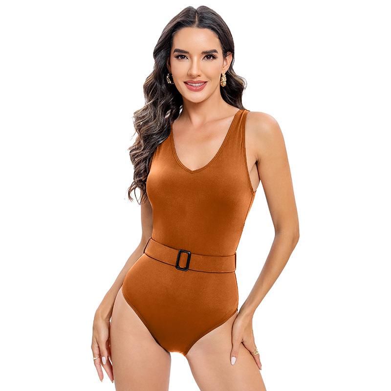 Women's Sexy Solid Color Belted Deep V Tummy Control One-Piece Swimsuit