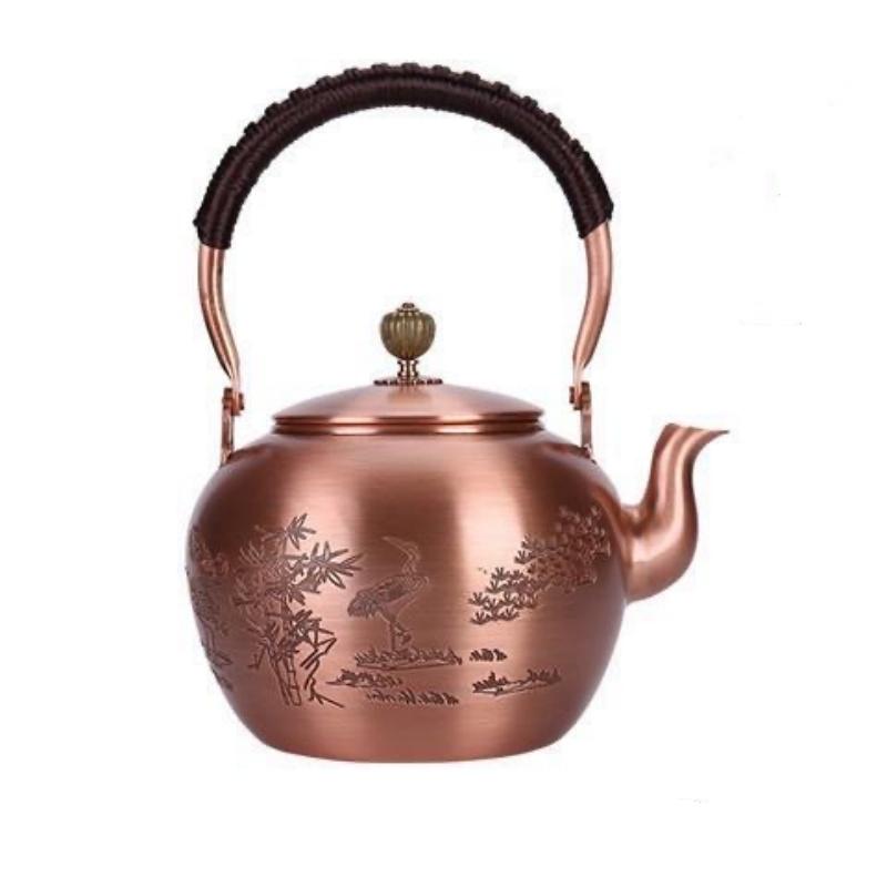 Handcrafted Pure Copper Coffee Pot,Engraving Retro Welcoming Pine Teaware 1300 ml Filter Weave Heat Handheld Kettle,Teapot