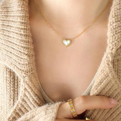 Trendy European & American White Mother-of-Pearl Heart Pendant Necklace for Women - Clavicle Chain, Titanium Steel, Personalized Jewelry