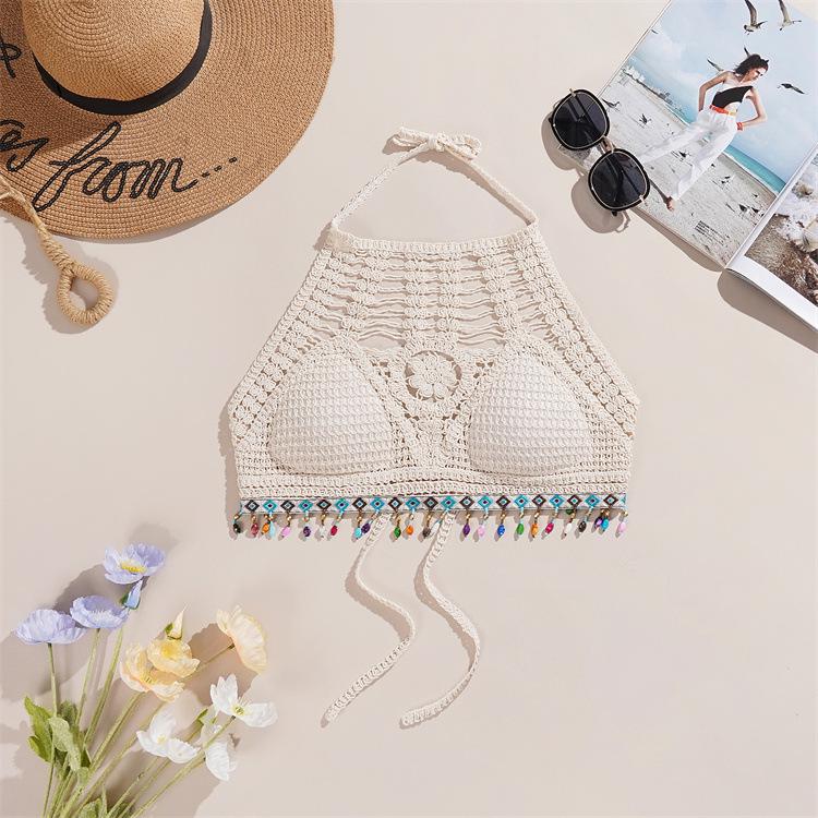 Boho Vyšívaný Top s Odhalenými Rameny, Halter Neck, Bez Zad, Trubkový Top s Hrudní Vložkou