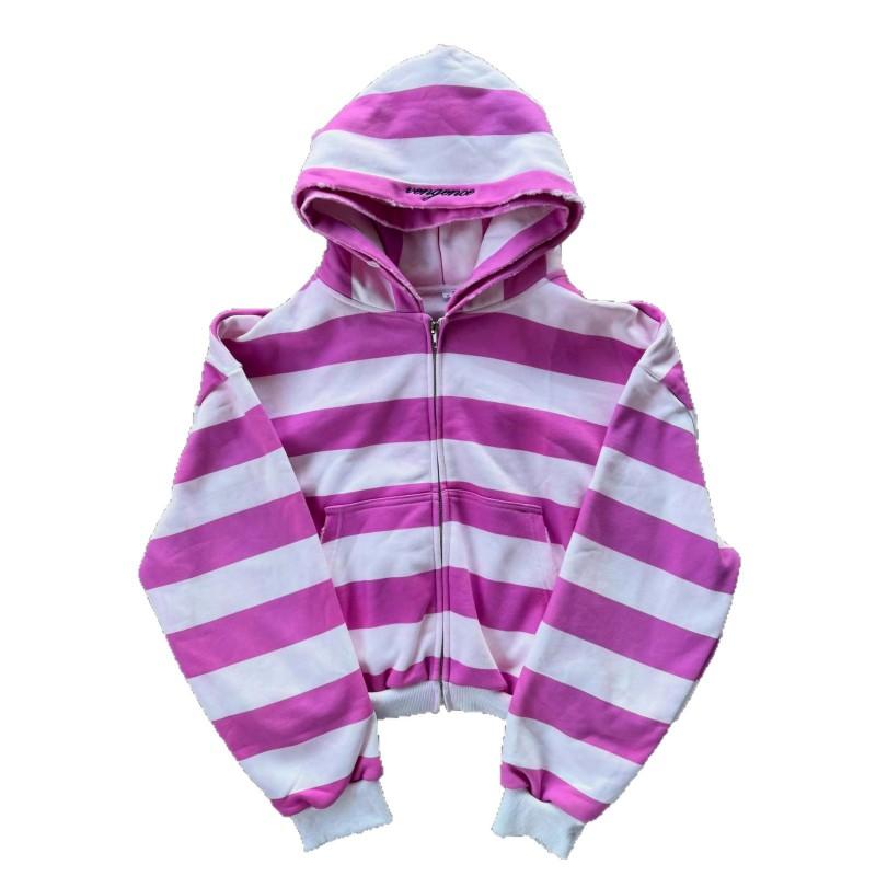 Street Style Embroidered Letter Hooded Zip-Up Long Sleeve Sweatshirt Striped Fake Two-Piece Oversized Pullover Women