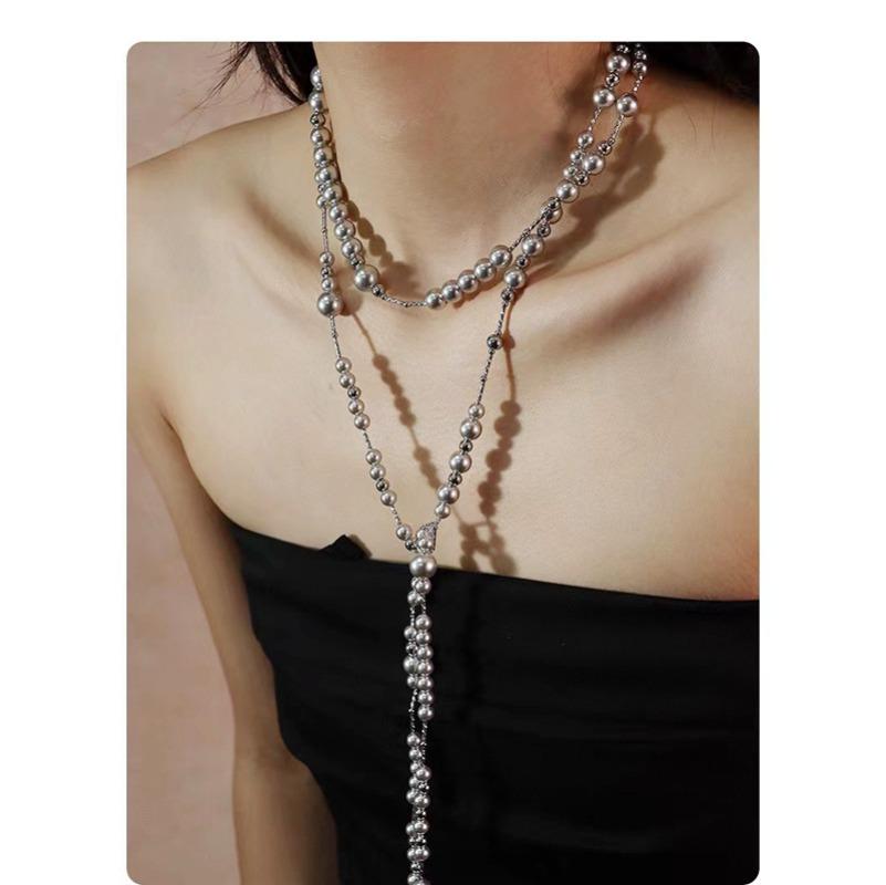 European and American Broken Sense Layered Pearl Sweater Chain Three-layer Asymmetric Necklace Women's French Multi-layer Pearl Necklace