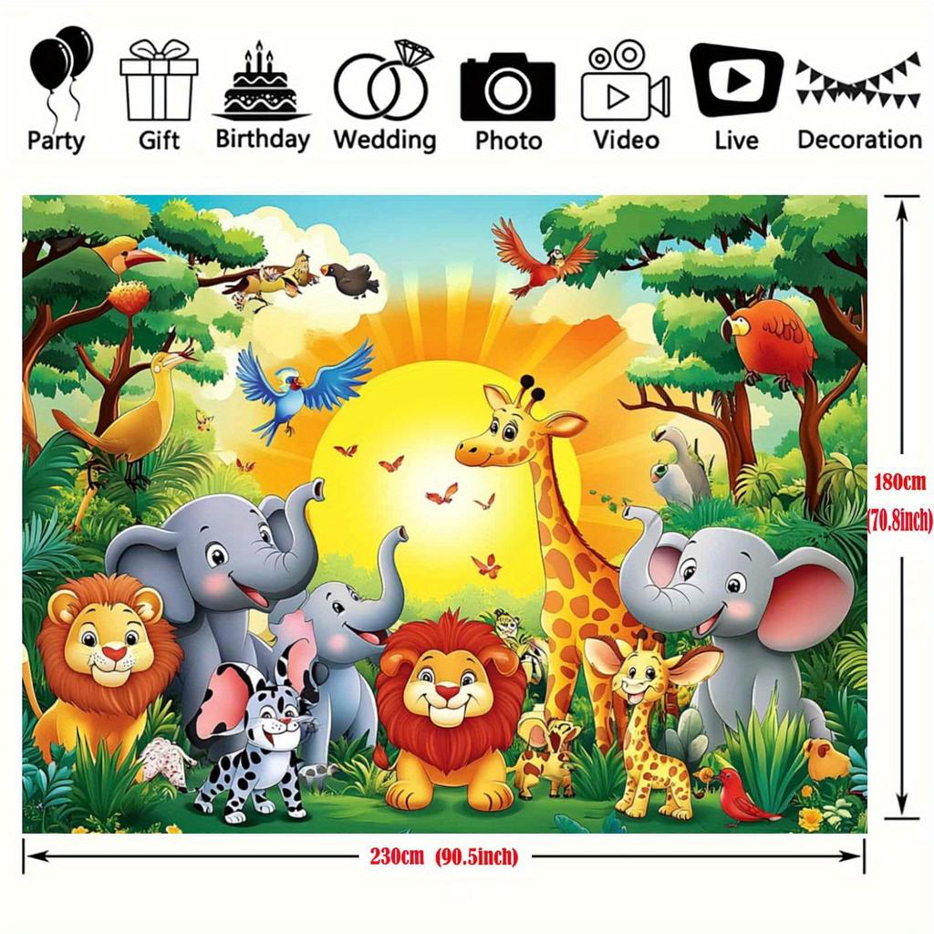2Dflat1: A Vibrant Jungle-themed Party Banner Featuring Wild Animals Such As Elephants, Giraffes and Lions.