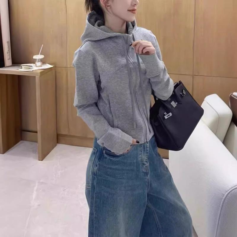 Season hooded drawstring zipper back embroidery net version simple cardigan sweater jacket women