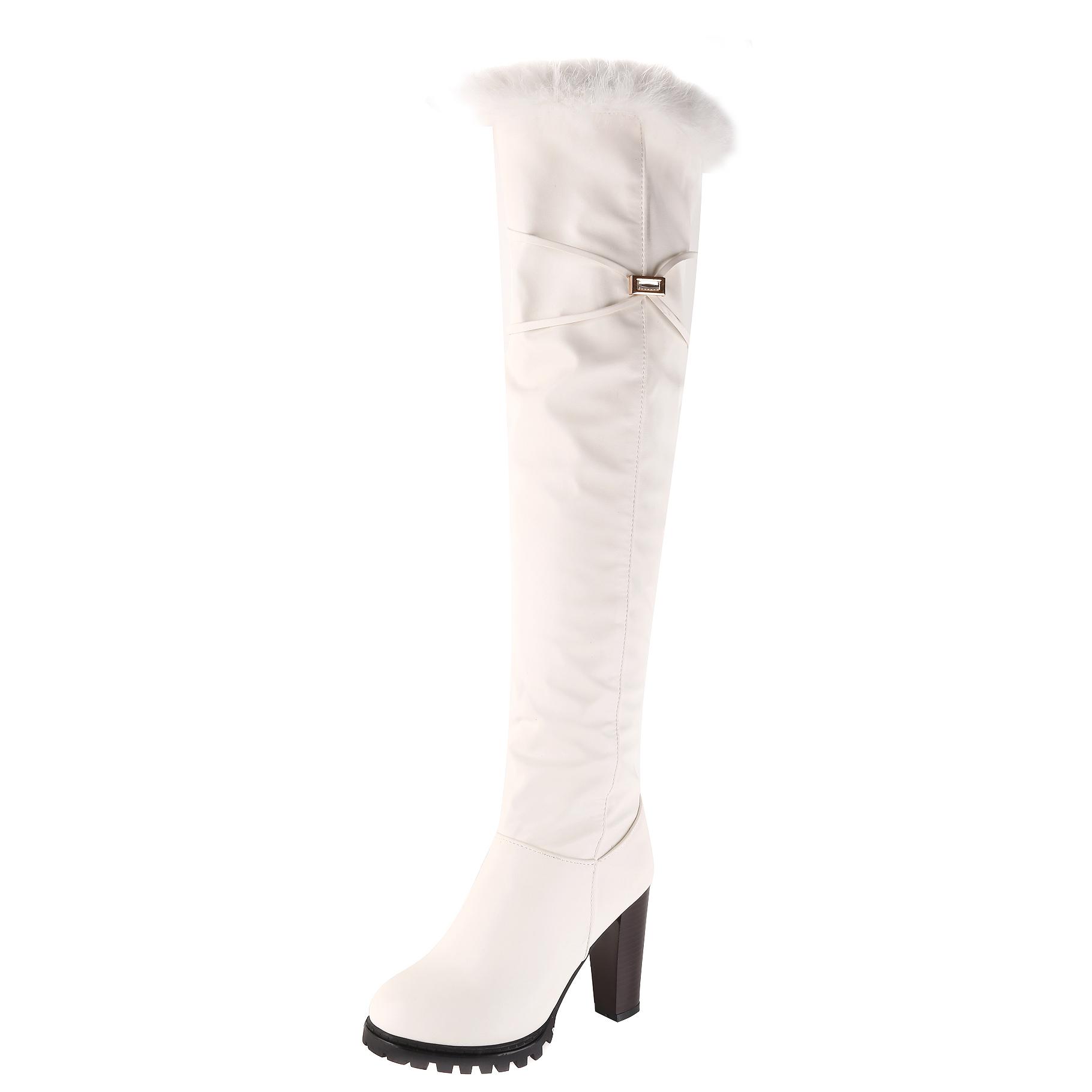 

Женские сапоги на высоком каблуке для осени и зимы, однотонные, толстый каблук, большие размеры, сапоги из меха кролика 39 белый