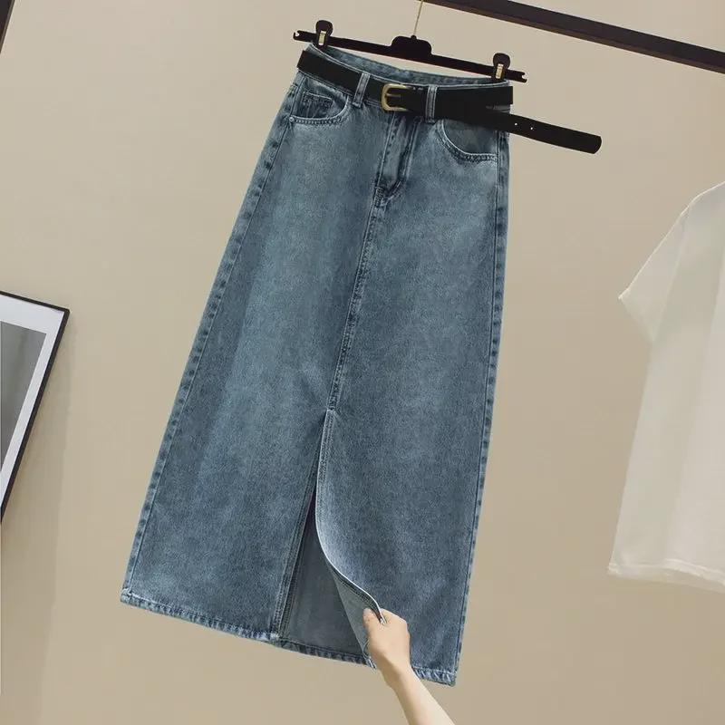 High-Waist A-Line Denim Skirt for Women - Split Design, Medium To Long Length, Perfect for Spring, Summer, and Autumn