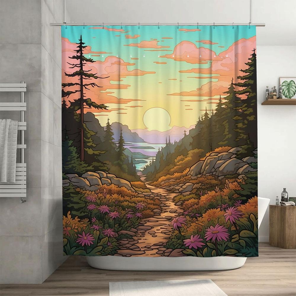 Sunset Forest Trail Shower Curtain With Mountain Lake Scenery Multicolor Floral Design For Bathroom Decor Wall Hangings Bath Lin