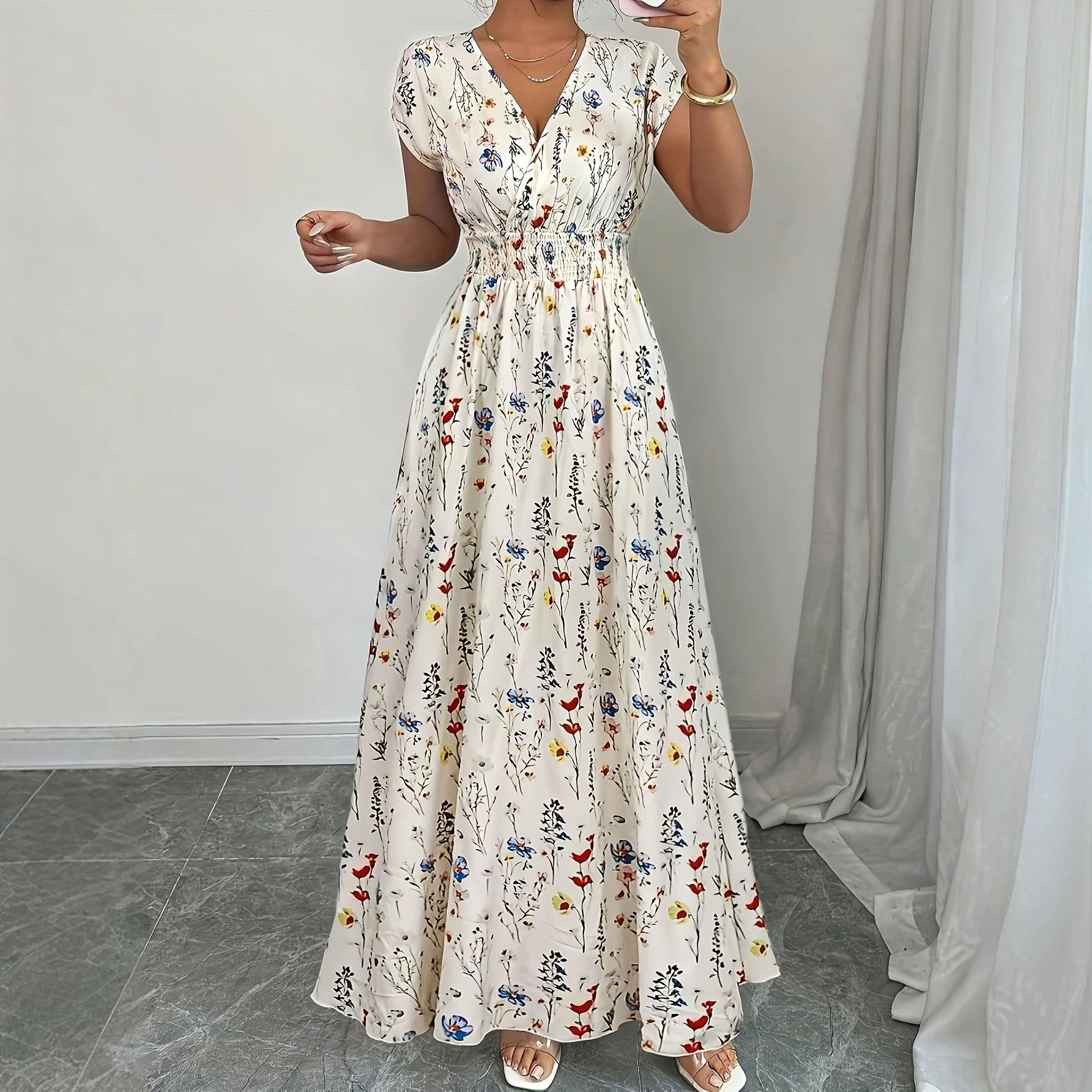Cross-border foreign trade short-sleeved lace-up dress Amazon s new printed v-neck long dress cross-border summer waist women s clothing S