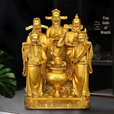 Figura Grande de Bronce de los Cinco Dioses de la Riqueza para Adoración en el Hogar o la Oficina
